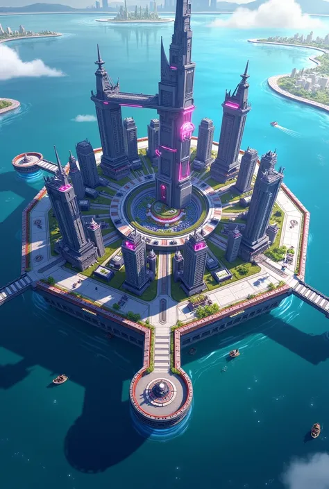 Maritime City, float on the surface of the water, Octagon, Buildings, Neon reflection on water, Futurism, anime, super detail, high details, high quality, highres