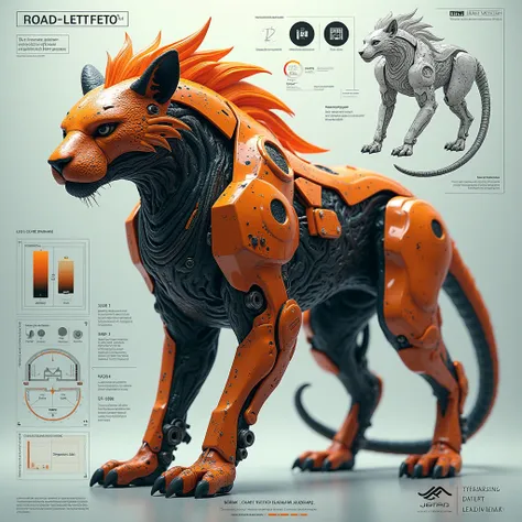 Ultimate evolution hybrid cyber animal, in infographic data, unusual of dragon hunting lion , beautiful cat long scale creature, intricate proprtional fusion body parts, realistic