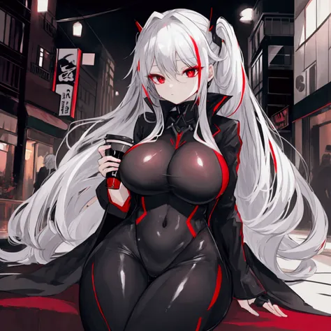 Black with red eyes, silver hair, long hair, cute face, ZZZ_CUP(HUGE_BREASTS), black suit, 