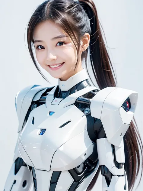 one Japanese female android, cute face, thin and tall, smile, black long hair, ponytail, shiny white robot suit, shiny white mechanical part, shiny white cyborg joint, upper body, plain background