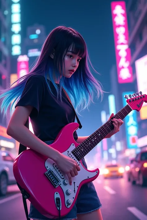 
 A scene where a 17-year-old Japanese woman plays a pink guitar on a street corner in an urban night。Her hair is black at the root and 、 and a gradation of bright blue is applied toward the tips of the hair、My long, straight hair is swaying in the wind 。 ...