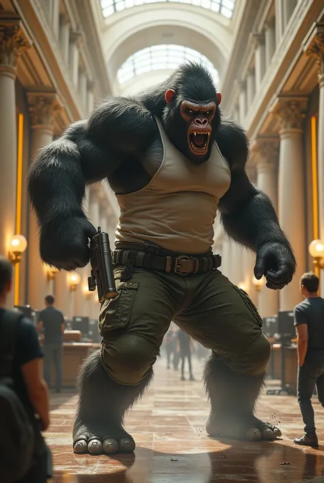 A humanoid gorilla in tank top and pants attacks a bank with his pistol