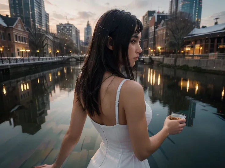 Masterpiece, (((highly detailed digital art of the background reflection of the water surface))), a woman with smooth skin and red manicured nails holding a paper cup of coffe in her right hand. She is look over the river on a large bridge, with a vast, cl...