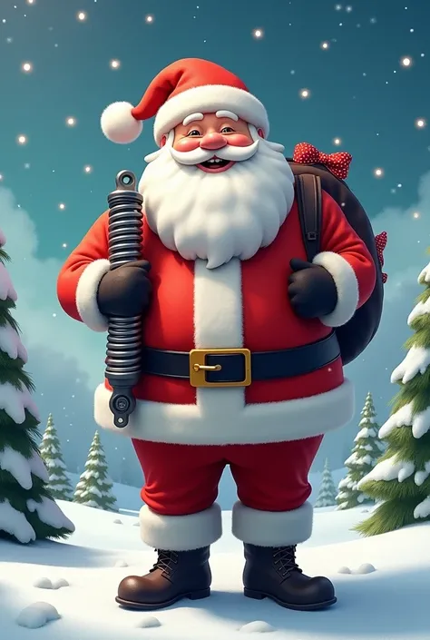 Create an image of a Santa Claus holding a conventional Monroe car shock absorber