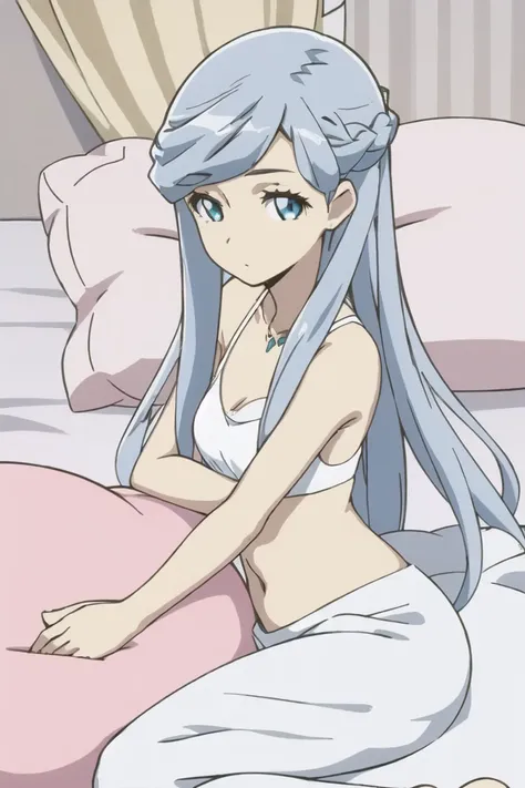 ((Best quality))),((Ultra-detailed)),((illustration)),((frilld)),(1 girl),(Solo), 
1girl, on stomach, from side, tank top, hugging_pillow,on bed,breast press,looking at viewer, white pantyhose,flat chest,shortstack, skinny,
Blue eyes with highlights,silver...