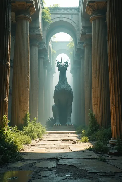  Interior part of a large abandoned giant Greek temple hall with a giant inanimate dragon statue seen from afar 