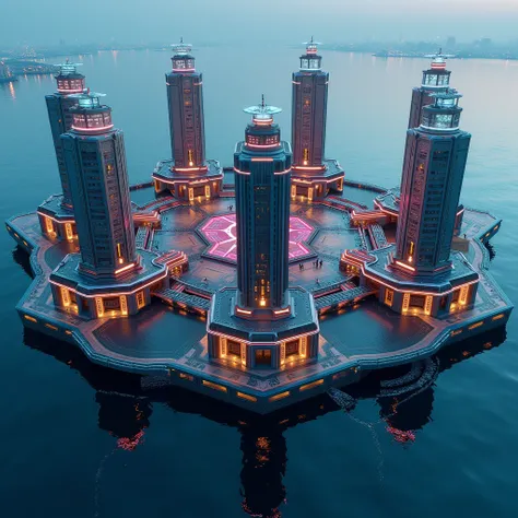 Maritime City, float on the surface of the water, Octagon, Buildings, Neon reflection on water, super detail, high details, high quality, highres