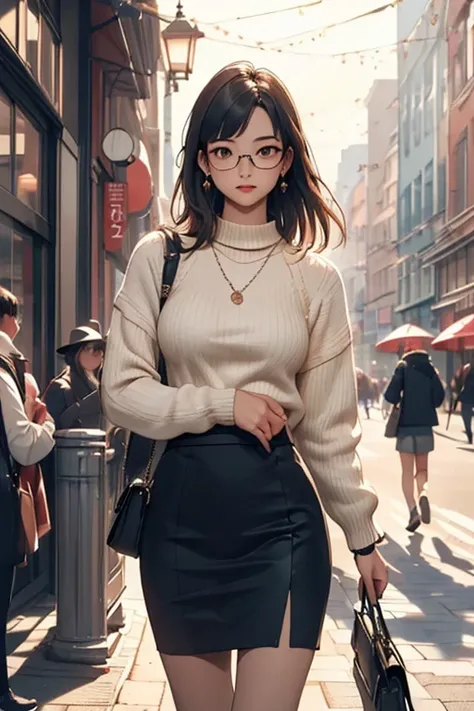 (( best quality)), ((傑 best quality、masterpiece、High sensitivity、 high definition 、 Details、 Delicate Facial Description)), Slender woman、Glasses、knitted pullover、 skirt、View watch、In the pedestrian zone、