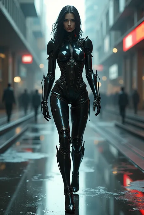 Femme sexy cyborg  futuriste et gothique debout qui marche dans la rue, reflets sur le sol, effets lumineux, beaucoup de détails , arrière plan ville futuriste surréaliste avec des buildings gothique effilés pointus.