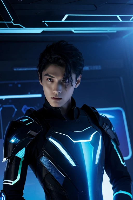 Create an image of a futuristic sci-fi character named ‘Xeno Alverio.’ He is a cunning hacker and strategist, wearing a sleek black tech suit with glowing blue lines running across its surface. His suit includes holographic interfaces and gadgets for cyber...