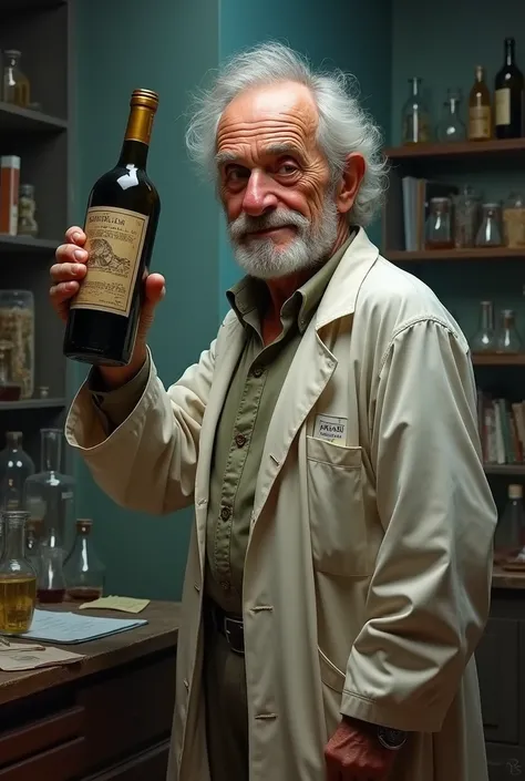  an old man in a research uniform，He was holding a wine bottle ， showing a mocking expression 