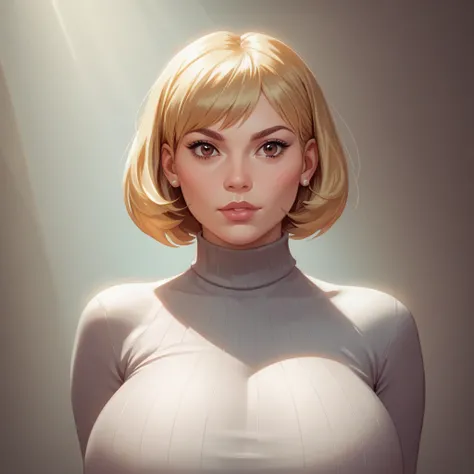 Stunning intricate portrait of Aubrey Plaza, (Brown eyes:1.4), (Straight Blonde Bob Haircut:1.2), (Mischievous:1.2), Wearing a gray turtleneck, Best Quality, masterpiece, 超A high resolution, (Photorealistic:1.4), epic character composition, by ilya kuvshin...