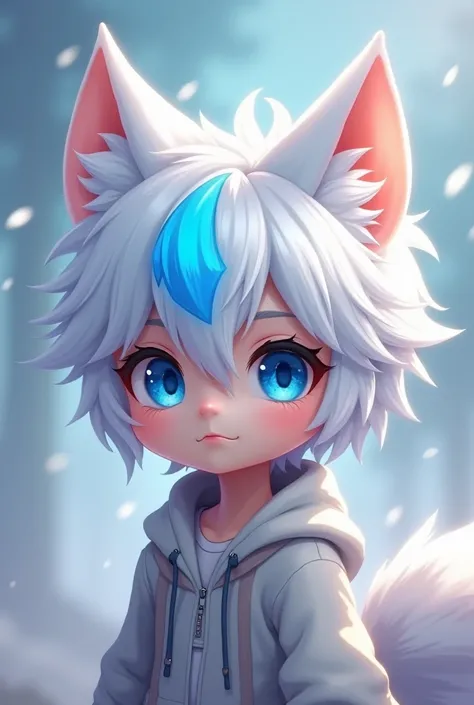 The chibi male character has white hair with a single blue highlight at the front, blue eyes, and wolf ears.