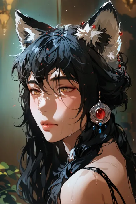 youth,male, wolf ear, Wolfs Tail, black hair,masterpiece, animal ears ,  earrings for a woman alone, 