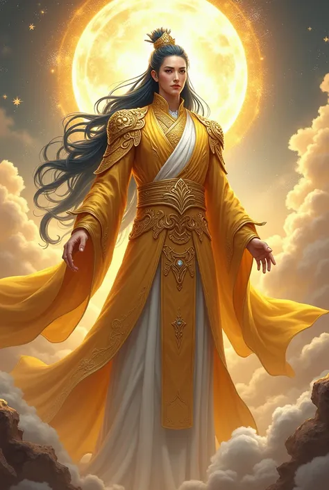 make an illustration of a cultivation god using golden clothes and a golden robe having sky blue and faint gold colored white haired black haired size 9:16