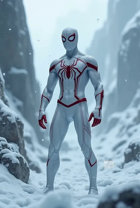 make a sipderman rusia version with the background dangerous ice the costume must be  white make it dangerous 