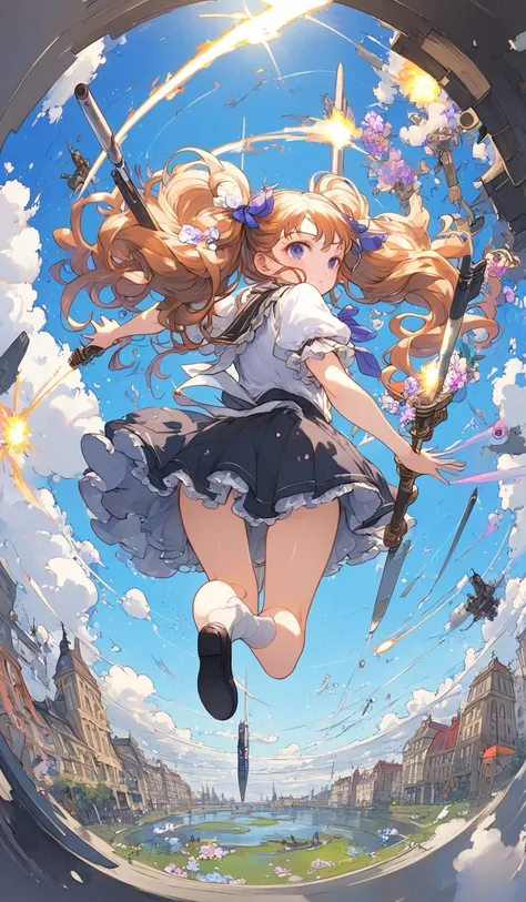 City Reflected on Water, school-girl, solo, black curly lower-twintail, little fat, looking away, dynamic female battle action pose, shy, War, modern weapons, missile, psychics, flight, levitation, explosions, flower, battlefield, fisheye-lens, foreshorten...