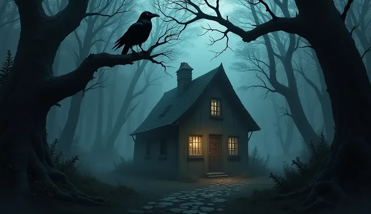 A dense forest with leafless, twisted trees under a dark sky. In the middle of the forest, a small, dilapidated house barely visible, glowing faintly from within.  
- A crow is perched on one of the tree branches, looking straight at the viewer
Ominous, at...