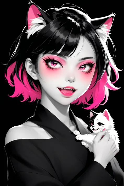 ( Breakthrough Poses, draft:1.2),real,Illustrator, Young cat，Japanese cartoons,1 girl,  shaped lips , ，canine，hand，hairy，Off Shoulder，  black white gradient background,Neon hair,Texture Cropping,  Masterpiece , Vintage style , Dark Black  