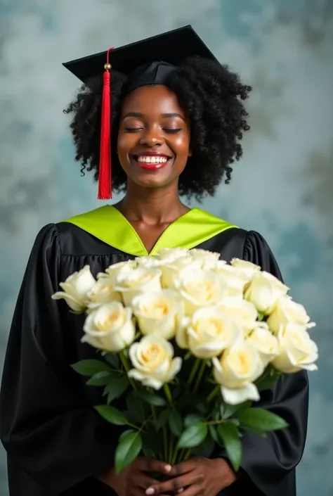 Full indoor shot of a black girl wearing a graduation cap, graduation hood and gown, holding a large bouquet of white roses. 
The black girl is looking downward, happily smiling, her eyes closed or nearly closed. The graduation cap is black with a red tass...