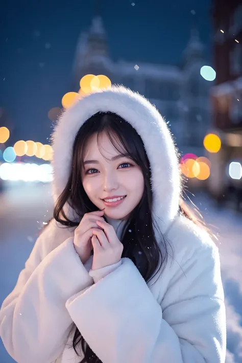 (highest quality、Masterpiece、8k、Best image quality、hyperrealism、Award-winning works)、1 girl、(Elegant fur coat:1.1)、Soft and delicate light、Beautiful night view of a snowy city、The most beautiful smile looks at me、Sparkling beautiful snow、Beautiful snow、(Ty...