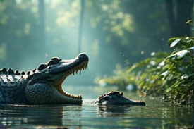 Good view with a family of crocodile, mother father, brother and little crocodile