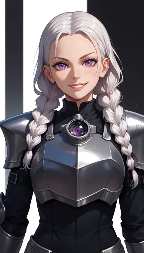 front view, looking at camera, straight pose, Straight to viewer of A serious anime girl with long, braided white hair and intense violet eyes, dressed in a dark silver and black suit with sharp, angular armor plating. White background. girl looking staigh...