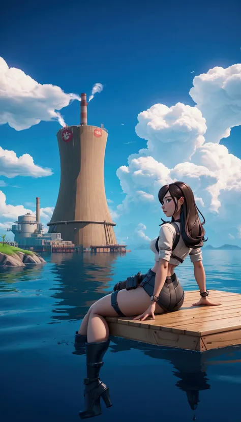 A woman sits on a wooden raft with a nuclear power plant on a small island in the distance，  Tifa Lockhart，Womans legs in the sea ， Woman looking at the electric tower in the distance ，3D Rendering，8k, 3D cartoon style ， Unreal Engine rendering， stylized 3...