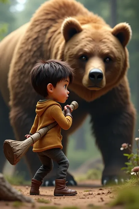 Boy name is Ben grabs a large stick and throws it at the wild Bear. 3D animated images 