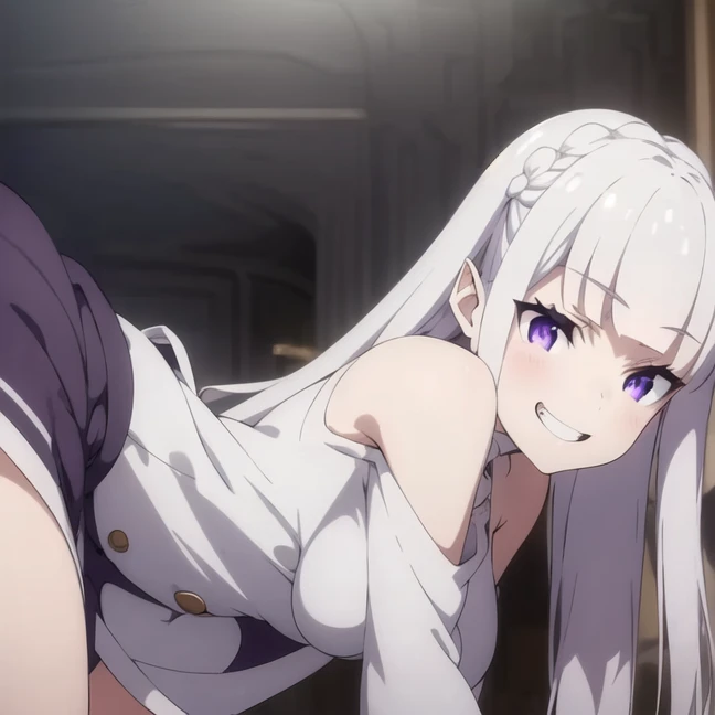 (masterpiece:1.2,  is of the best quality:1.2),  1 girl at home ,  unique , White hair, Long straight hairstyle, Dark purple eyes, bad smile,  white dress, breast, White socks