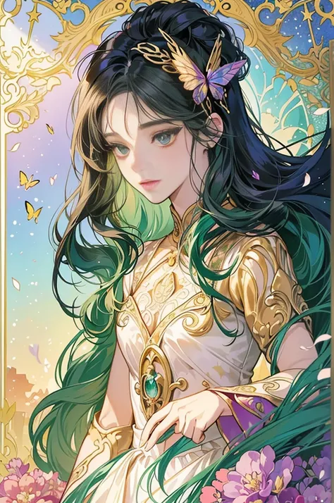  Setsuna Meio de Sailor Plut manga art style Naoko Takeuchi,  long straight hair dark green ochre eyes , Between sparkling butterflies and glitter . Butterfly motif、dark green tone and purple ,  vibrant colors 、((​masterpiece)))、((( Top quality )))、(( ultr...