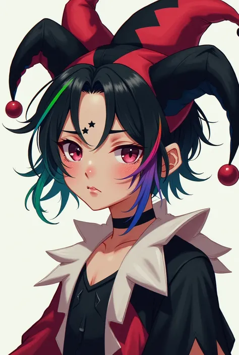 anime teenage boy with Black medium hair with inner rainbow highlights.Black star tattoos on the face. Usually wears fashionable jester outfit,Clothing colour are White,Black and Red.Wears a Jester hat.