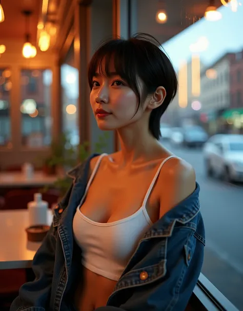 Close-up portrait of a 24 year old Asian woman, sitting at a window seat in a cafe with a 70s interior in New York. She is wearing a cropped denim jacket and a white tube top that accentuates her cleavage. She has pale skin with no makeup and a natural loo...