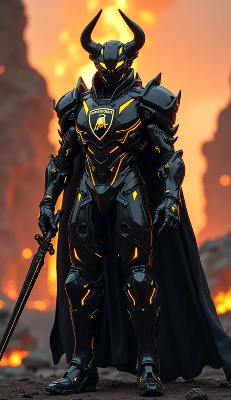 depicts a futuristic warrior, possibly a knight or samurai, wearing intricate black and gold armor. The armor has a sleek, robotic design with sharp angles and glowing yellow accents. The warriors helmet features prominent bull-like horns, and the Lamborgh...