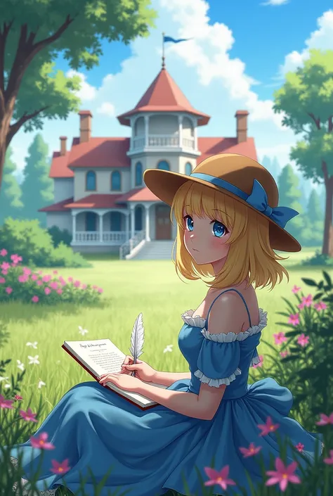 Anime girl ,blonde hair,blue dress, outside a beautiful western mansion, holding a feather pen, writing a poem, wearing a western hat,  blue eyes,calm,blonde hair,beautiful scenery,colourful