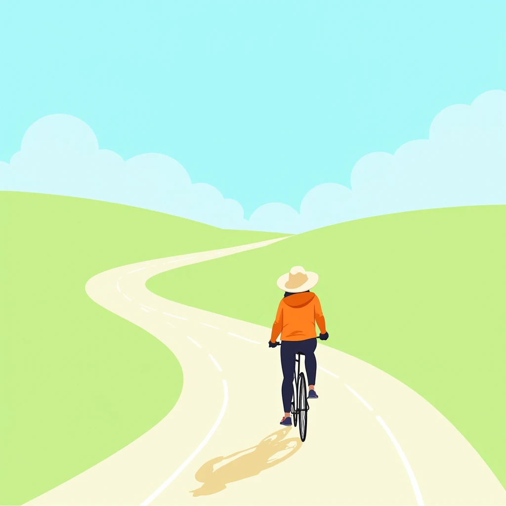 Minimalist illustration of a person in a bright orange jacket and a floppy hat, riding a bicycle down a winding road. The background features a clear, sky-blue horizon with a few scattered clouds. Simple, modern lines and a cheerful color palette bring an ...