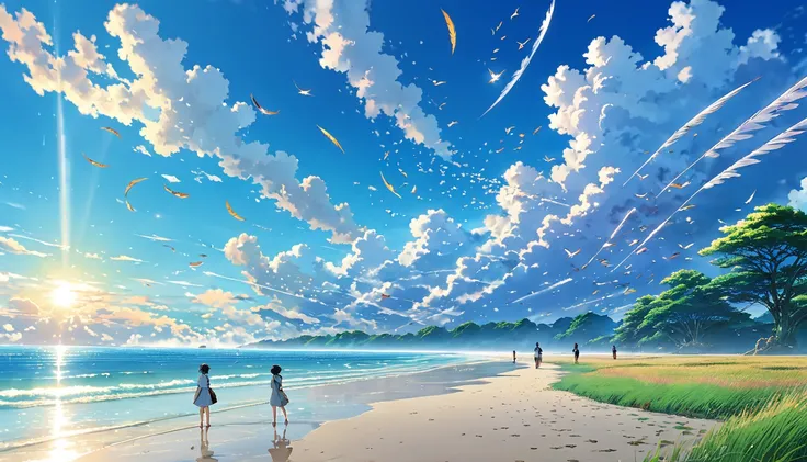 Well detailed anime landscape, The 100 series poster style with people falling from the sky, Os 100, people falling to the sky, beautiful horizon on the beach, floating wing feathers falling seen from afar, clouds, small with brush strokes, serene sky anim...