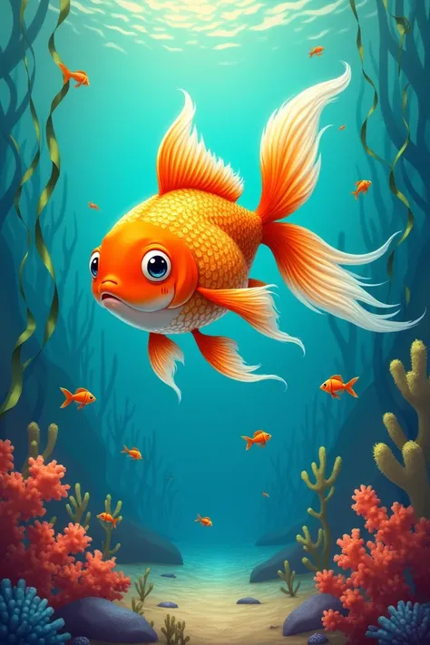 Create a colourful book cover  " A tale about a goldfish that sailed away and is looking for love"