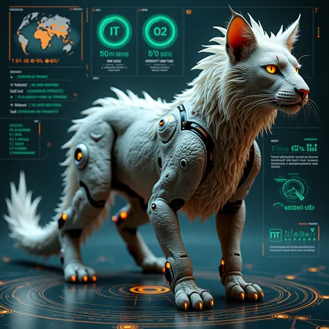 Ultimate evolution hybrid cyber animal, in infographic data, unusual of dragon hunting lion , beautiful cat long scale creature, intricate proprtional fusion body parts, realistic