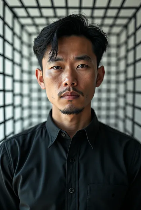 A 30 year old Asian man stands in front of a 3D grid pattern background that resembles a cube or net with an optical illusion of the eye.