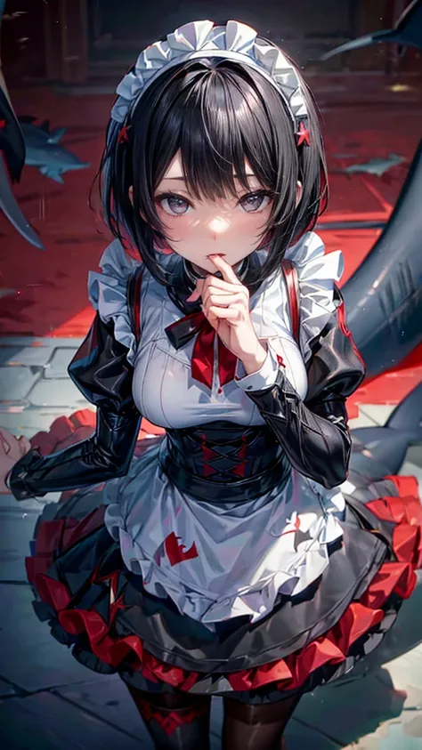 Zenzero)(Ellen))(black pantyhose with black hair red gradient )( short hair on the nose )、((Shark Girl))Eyes Heart、、( pattern)( maid clothes