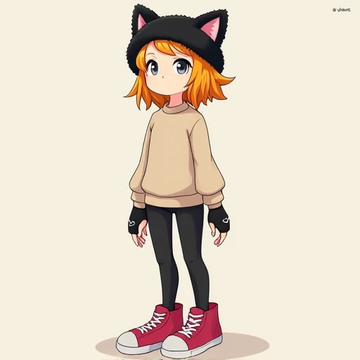 A woman with short orange-yellow stripes. With gray eyes and a white pupil. He is dressed in a beige sweater, black pants and raspberry-colored sneakers with white soles. On his head is a black, fluffy headband with cat ears. On his hands are black fingerl...