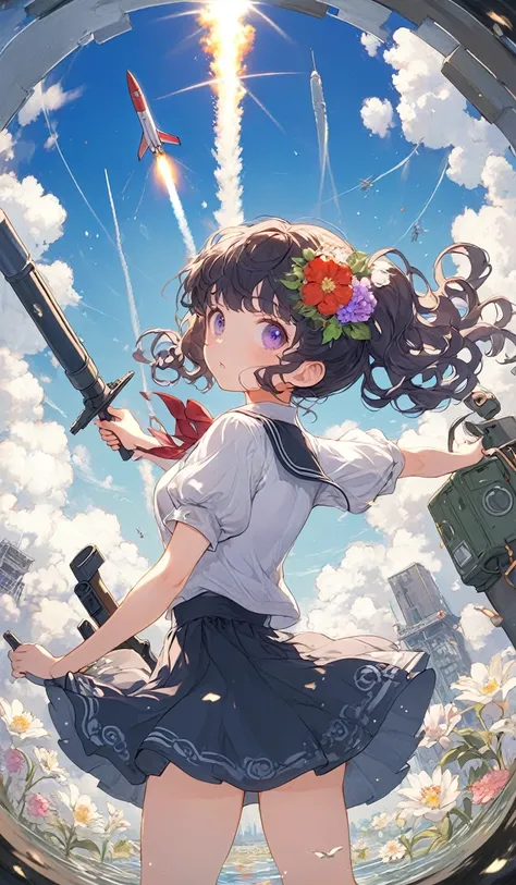 City Reflected on Water, school-girl, solo, black curly lower-twintail, little fat, looking away, dynamic female battle action pose, shy, War, modern weapons, missile, psychics, flight, levitation, explosions, flower, battlefield, fisheye-lens, foreshorten...