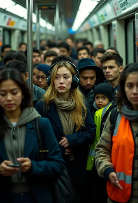 ((masterpiece)) ((photography)) ((Highest quality)) A crowded subway scene during rush hour, filled with tired commuters tightly packed together. People are standing shoulder to shoulder, some holding onto poles, others looking at their phones or staring b...