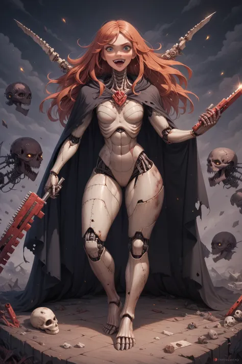 Una maquina autónoma, wretched automaton, wretched weaponry, rusty metallic skin, esqueleto de titanio, titanium frame, destroyed skull,  mechanical eyes, no hair, no hair, small breasts, metal breasts, she has no nipples , enorme trasero, caderas anchas, ...