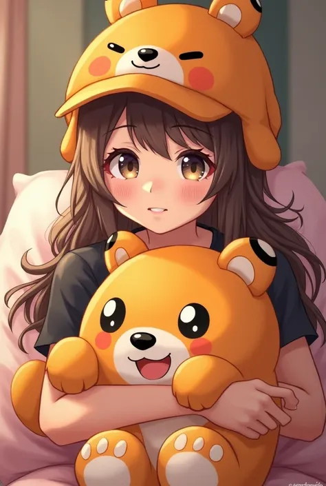 An anime girl with brown hair and a thin black shirt, an orange Jerry plush toy on her right hand and an orange Jerry hat. 