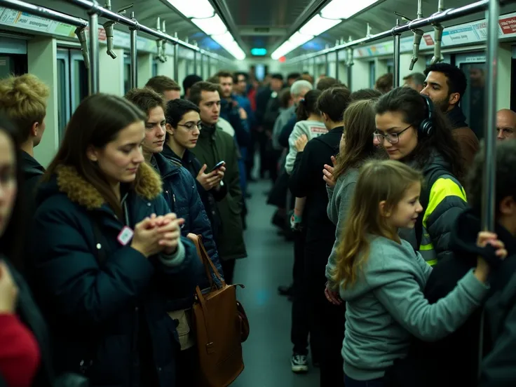 ((masterpiece)) ((photography)) ((Highest quality)) A crowded subway scene during rush hour, filled with tired commuters tightly packed together. People are standing shoulder to shoulder, some holding onto poles, others looking at their phones or staring b...