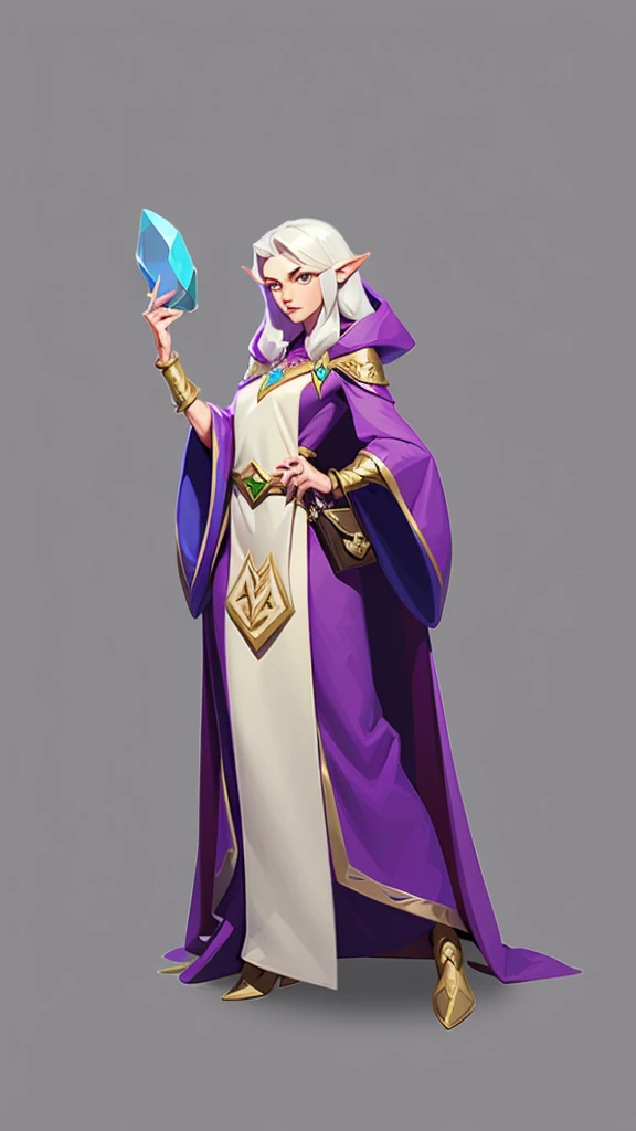 mstoconcept art, european and american cartoons, game character design, solo, 1GIRL, MAGE, FEMALE FOCUS, CLEAN FACE,  GRAY BACKGROUND, WIZARD, FULL BODY, STANDING, HOOD, purple ROBE, YOUNG, JEWELRY, LONG MESY WHITE HAIR, silver BRACELET, WIDE SLEEVES, YOUN...