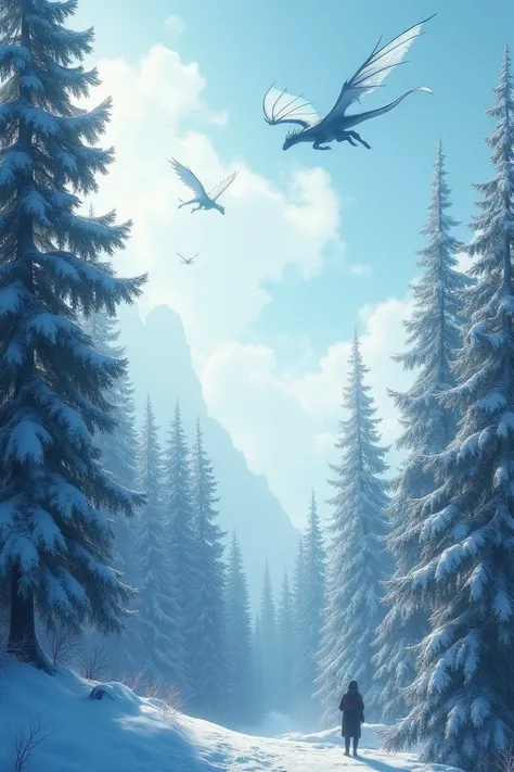 Snow forest seen from above with silhouettes of little dragons nesting in the sky 