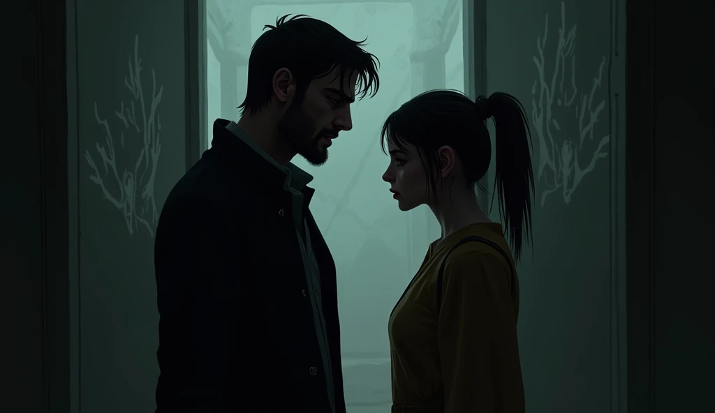 Arjun and Ria are in a dimly lit room, standing face to face. Arjun’s expression is cold and mysterious, while Ria’s face shows fear and confusion.  
- The walls cast strange, distorted shadows, almost as if they are alive.  